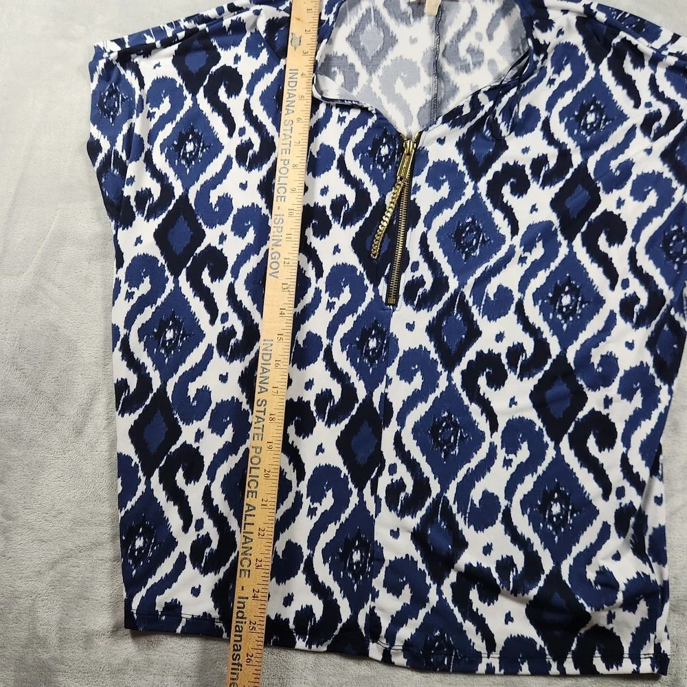 Michael Kors Women Top M Blue Whi PolyBlend Short Sleeve‎ 1/4 Zip Casual Blouse